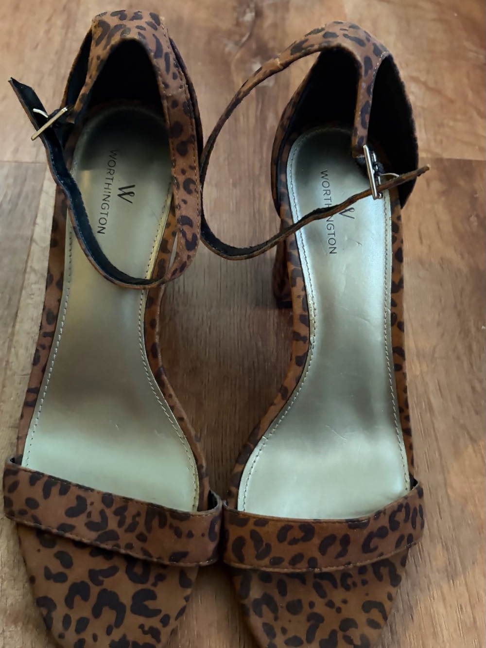 Worthington Leopard Print Ankle-Strap Heels in Tan and Black